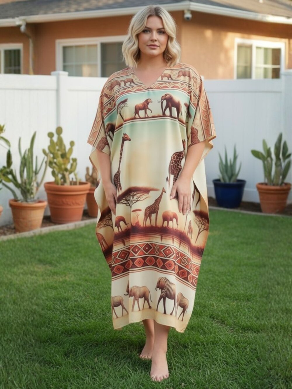 Animal Safari Printed Polyester Caftan Dress Plus Size Women Maxi Mumu Dresses